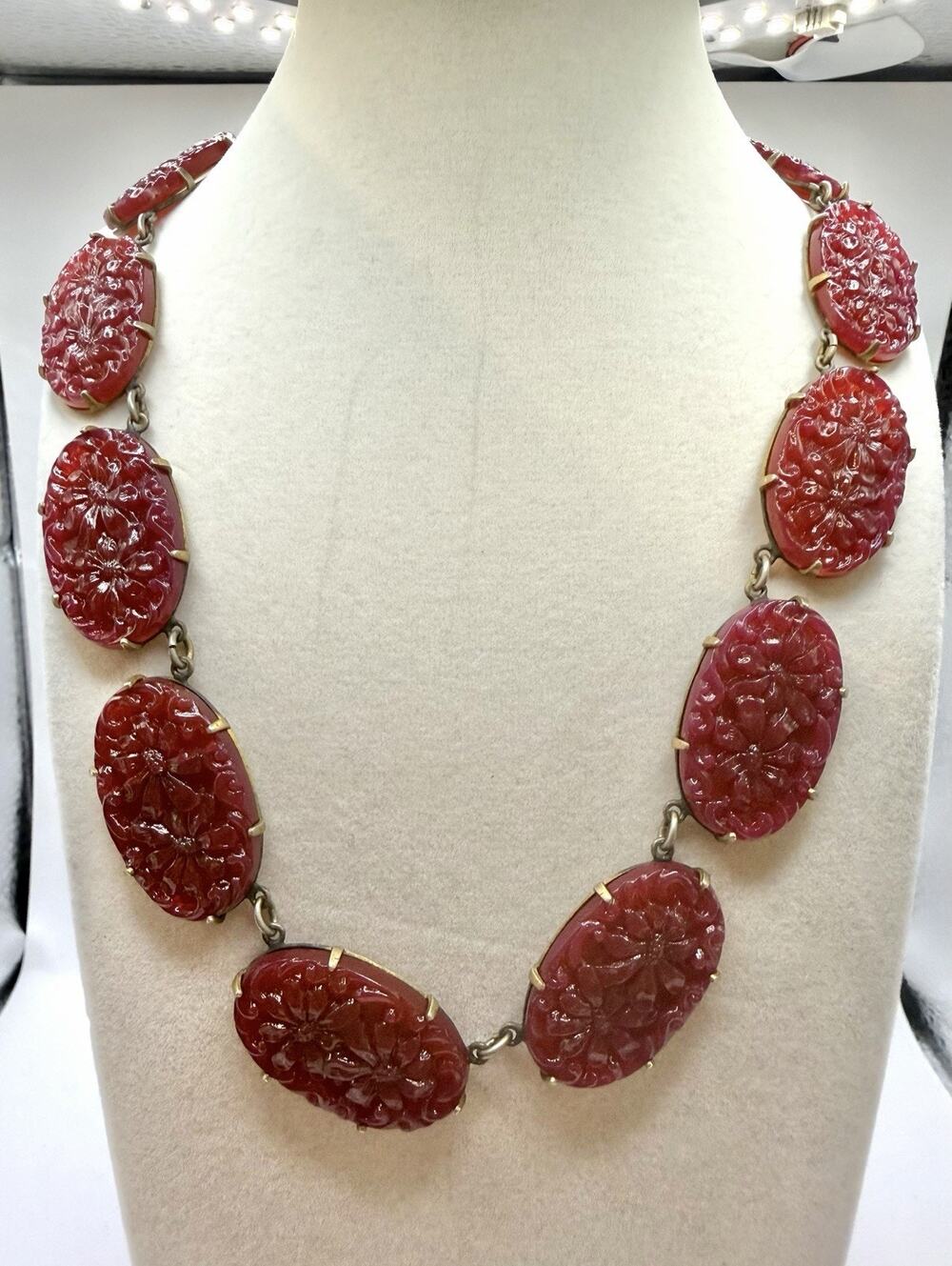 Art Deco Carved Red Glass Cornelian? Oval Floral Link Necklace